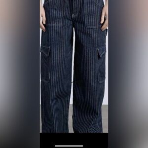 Damson Madder Hickory Pinstripe Navy Blue Denim Cargo Jean UK 12/ US 8 NWT
